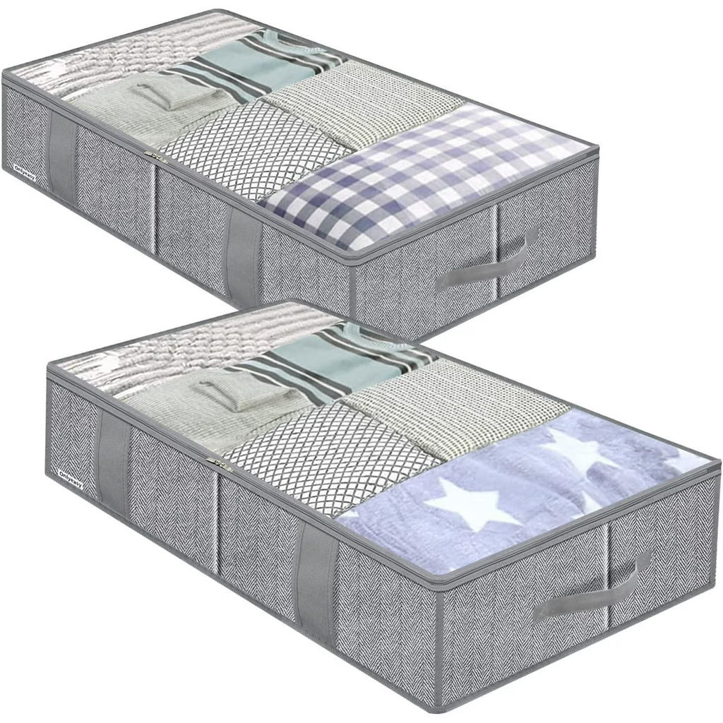 Foldable Underbed Bags - Blankets Clothes Comforters Storage Bag Breathable Zippered Organizer for Bedroom with Clear Window
