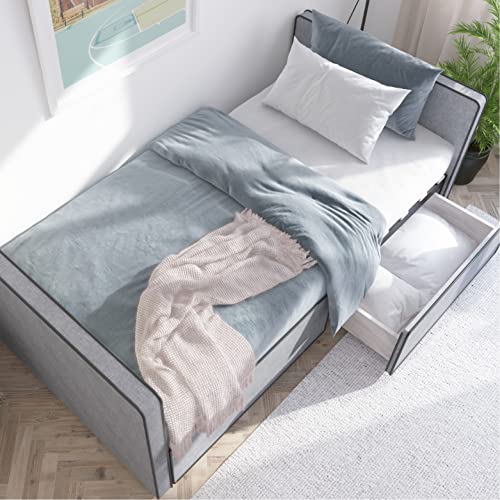 Twin Size Platform Bed Frame with 2 Storage Drawers, Gray Fabric U62092
