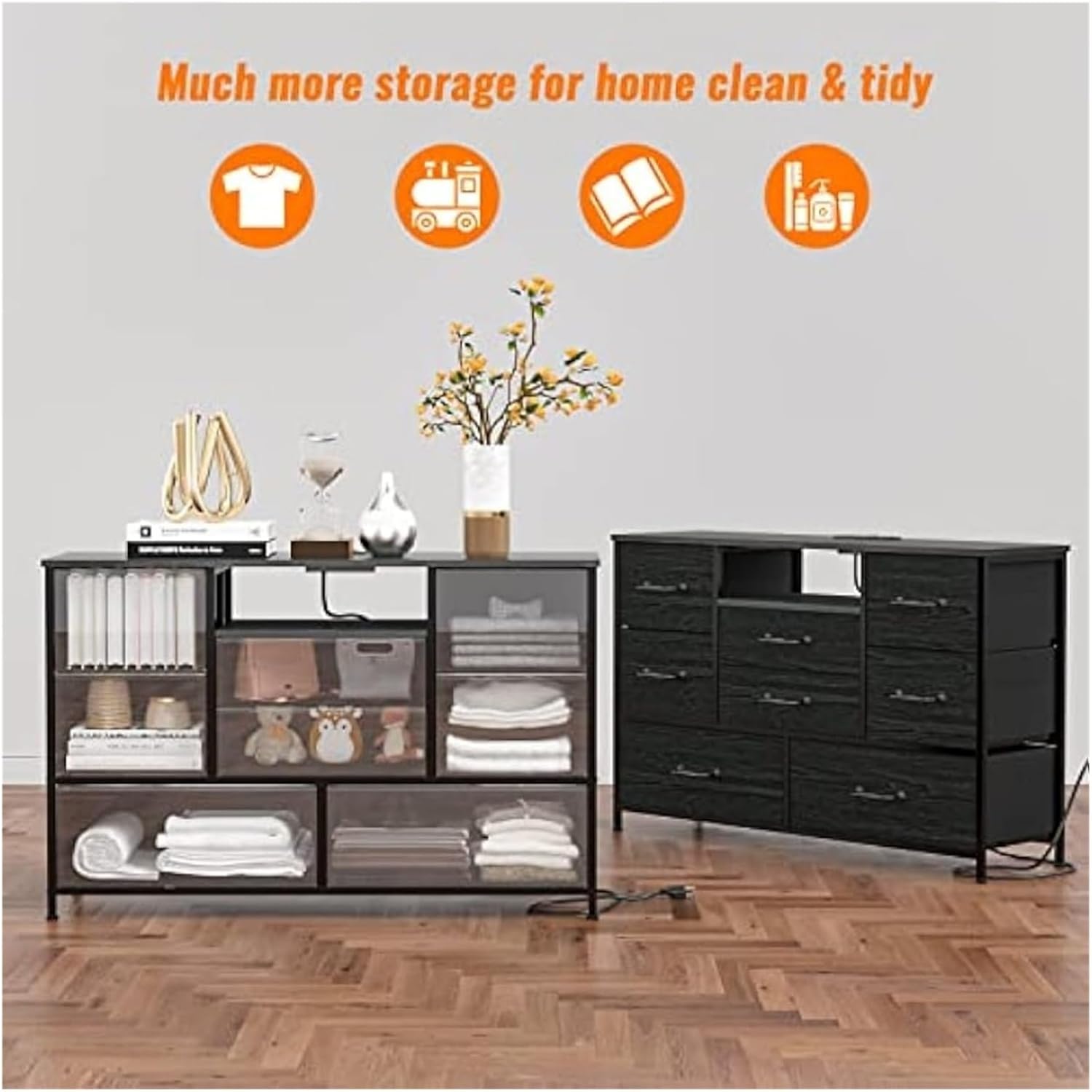 TV Stand with Power Outlet for 55 Inch TV, 8 Drawers, Black F86854