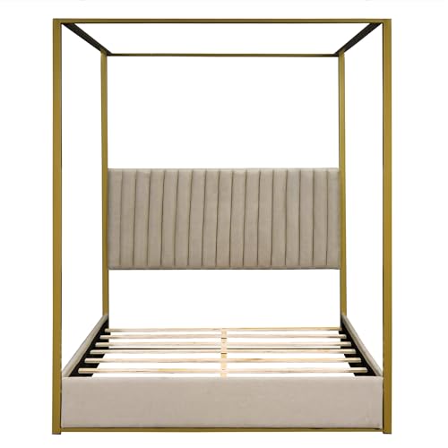 Canopy Platform Bed with Headboard and Metal Frame, Queen Size, Beige P487