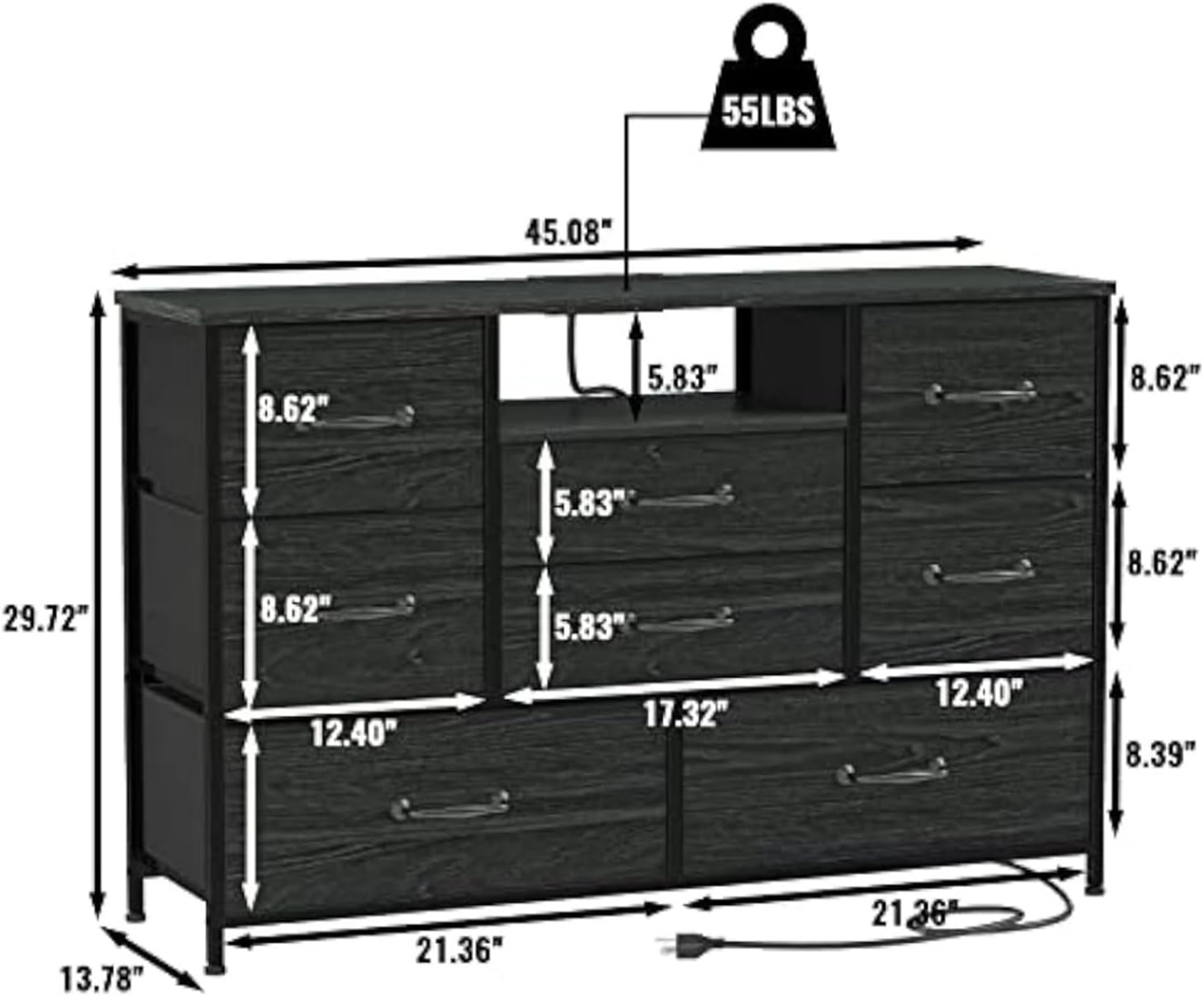 TV Stand with Power Outlet for 55 Inch TV, 8 Drawers, Black F86854