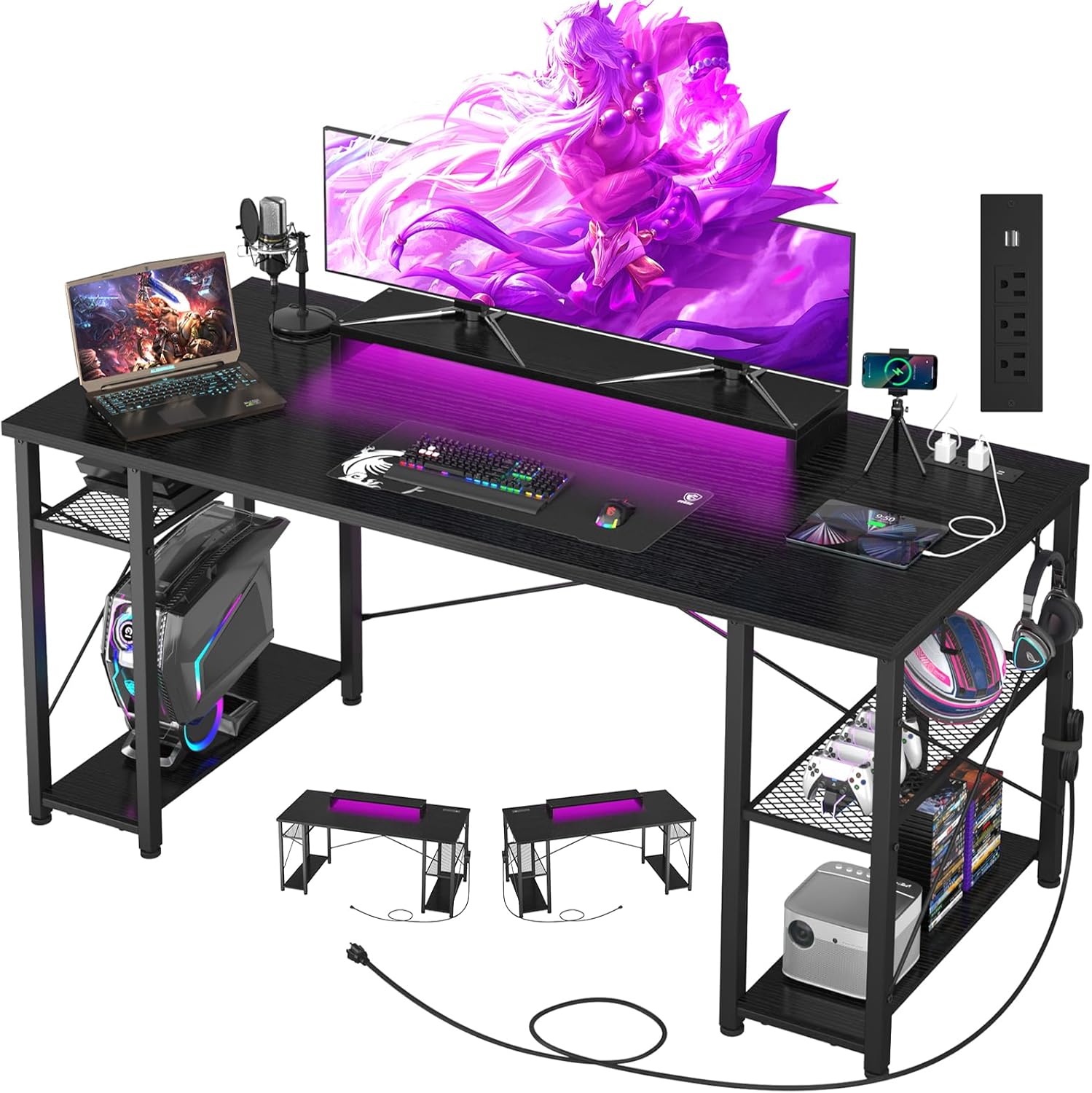 Gaming Desk with LED Lights and Power Outlet H920899
