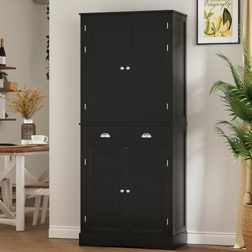 Kitchen Pantry Cabinet with 4 Doors and 1 Drawer, Tall Storage Cabinet with Adjustable Shelves A2129