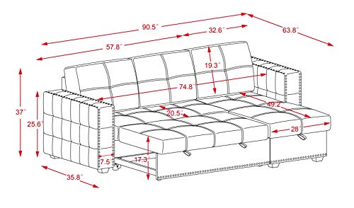 Black Sectional Sofa with Storage Chaise, L-Shaped Sleeper Sofa Bed L629