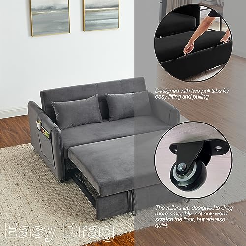 Convertible Sofa Bed with Pull-Out Bed, Velvet, Adjustable Backrest, Grey Q843