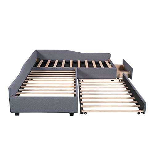 Upholstered Twin Daybed with Trundle and Drawer, Gray Y3451