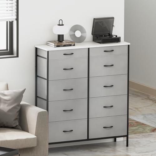 Double Dresser with 10 Drawers, TV Stand Chest of Drawers, Fabric Organizer with Metal Frame and Wooden Top K2520