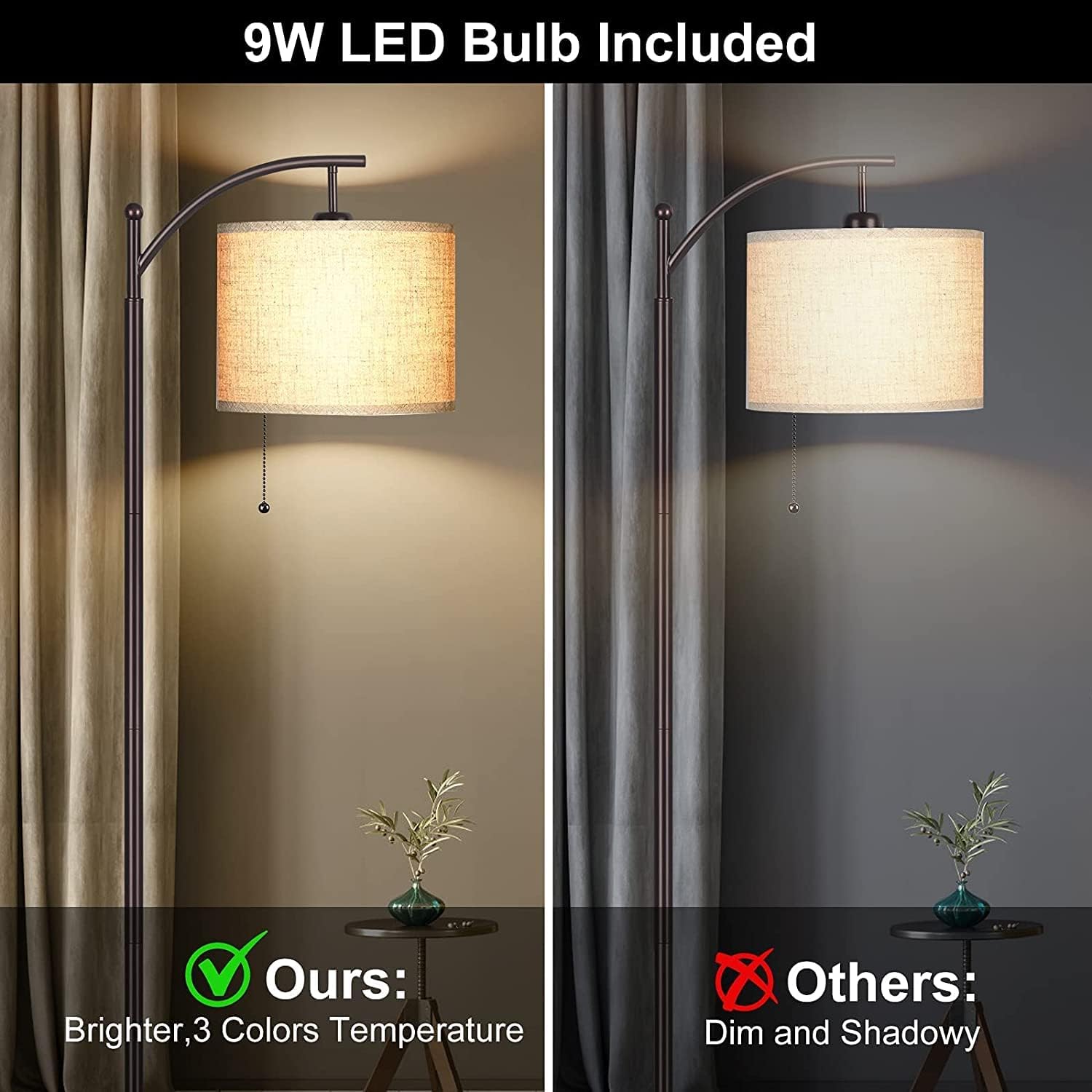 Arc Floor Lamp for Living Room, Bedroom, Office with 3-Mode LED Bulb D2082