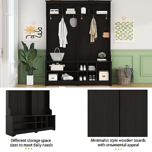 Hall Tree with Storage Bench, 60 Inch Wooden Mudroom Bench E902790