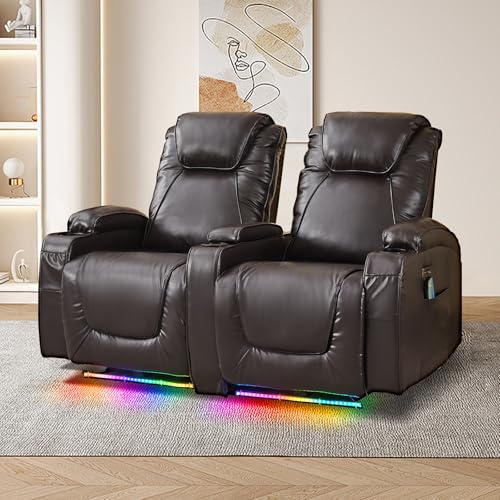 Power Loveseat Recliner Chair, Electric Home Theater Seating with Storage Armrest, Wall Hugger RV Double Reclining Sofa Chairs with Outlet/LED Light/Cup Holder for Living room (Brown)