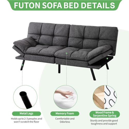 Futon Sofa Bed with Memory Foam, Convertible Sleeper for Small Spaces, Grey T7192