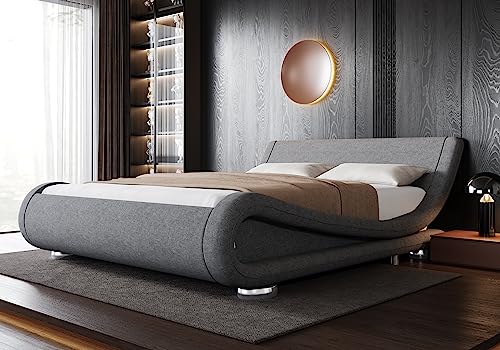 Allewie Queen Size Bed Frame with Ergonomic & Adjustable Headboard, Low Profile Modern Upholstered Platform Sleigh Design - Easy Assembly, No Box Spring Required, Black