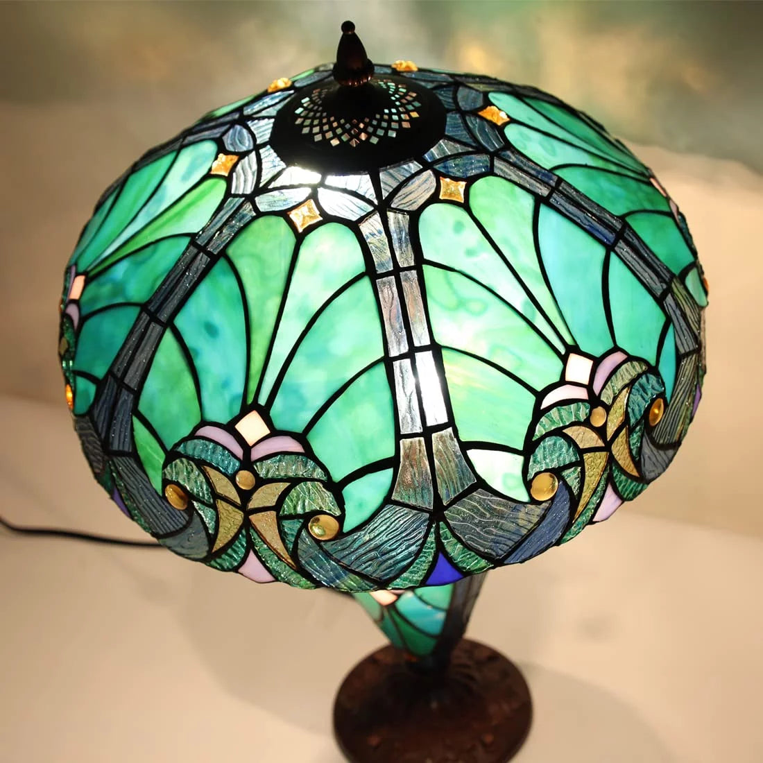 Handmade Stained Glass Table Lamp, 16" Wide, Sea Green Victorian Style W96750