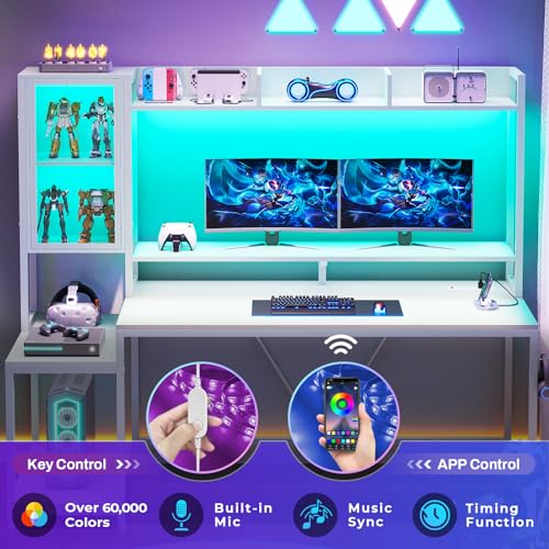Gaming Desk with LED Lights and Storage Shelves J491627
