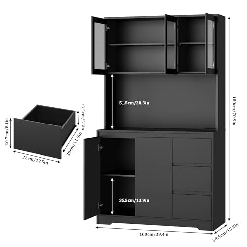 71" Kitchen Pantry Cabinet with LED Lights and Charging Station, Modern Storage and Microwave Stand Q636690