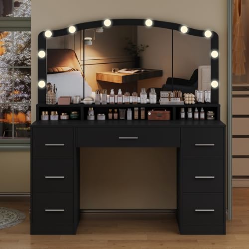 Vanity Desk with Lighted Mirror, 7 Drawers, 3 Lighting Colors, White X572