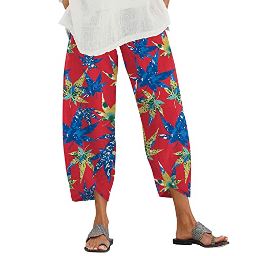 Women Capri Pants for Summer Straight Leg Baggy Palazzo Cropped Pants Casual Elastic Waist Boho Beach Trousers Pockets