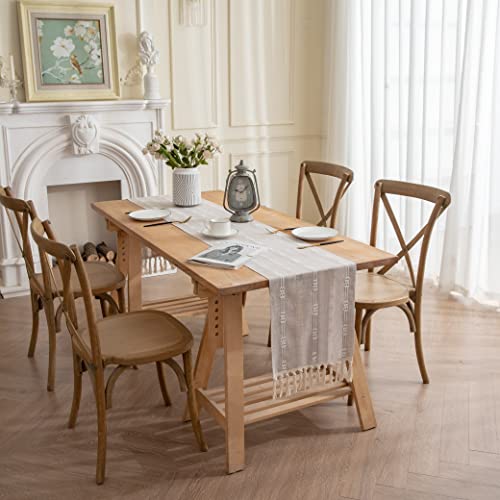 Rustic Linen Table Runner Striped Embroidered Boho 90 Inches Long Handmade Woven Tassel K657410