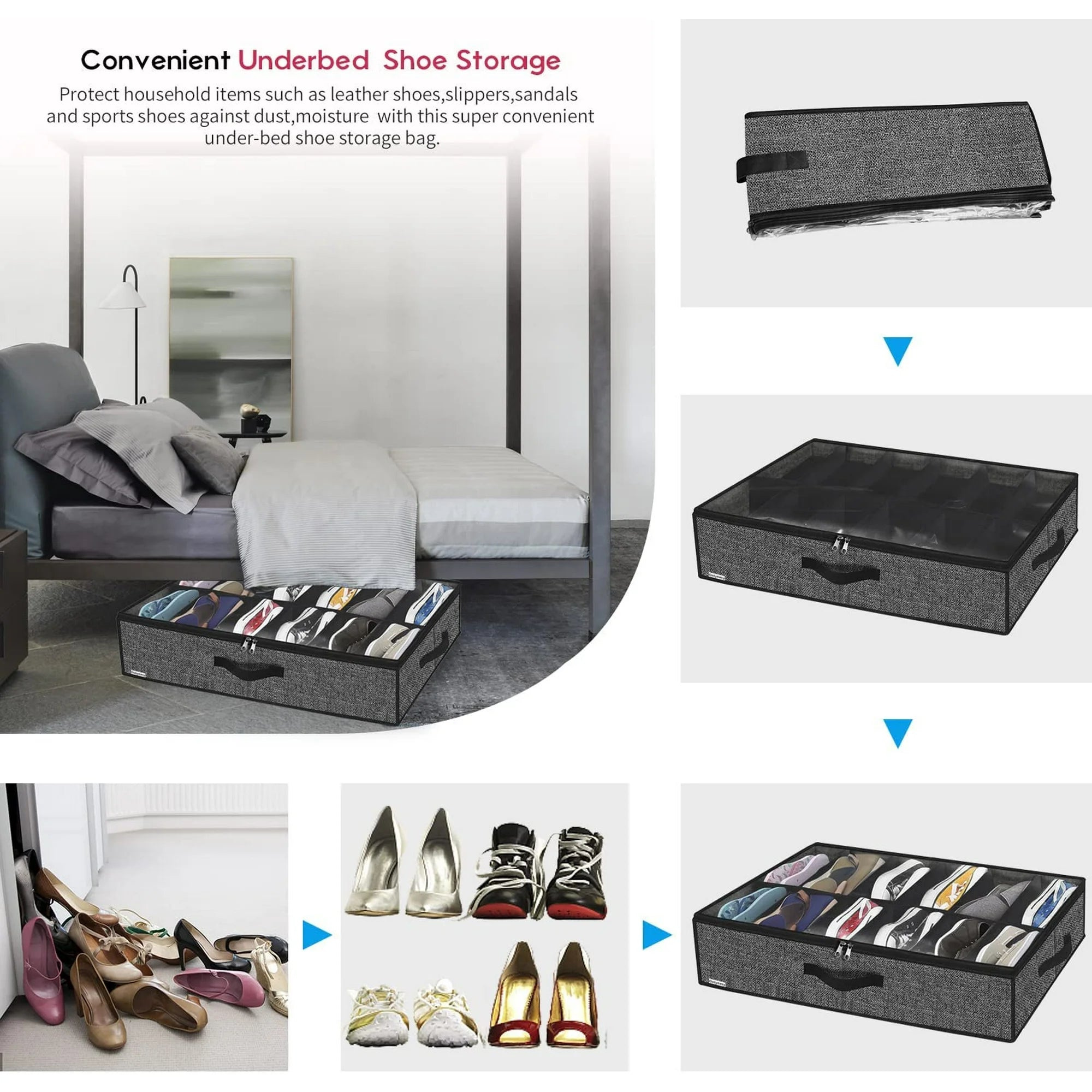 Under Bed Shoe Storage Organizer with Clear Window, Foldable F8804