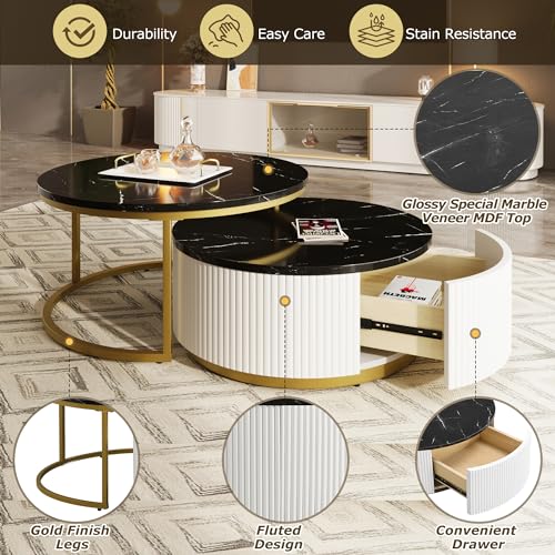 Round Nesting Coffee Table with Drawer, White & Gold N86769