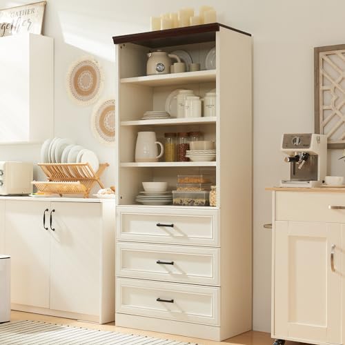 72" Tall Storage Cabinet, Farmhouse Kitchen Pantry with 3 Large Drawers & Adjustable Shelves, Versatile Cupboard for Kitchen, Dining Room, Bathroom, Antique White