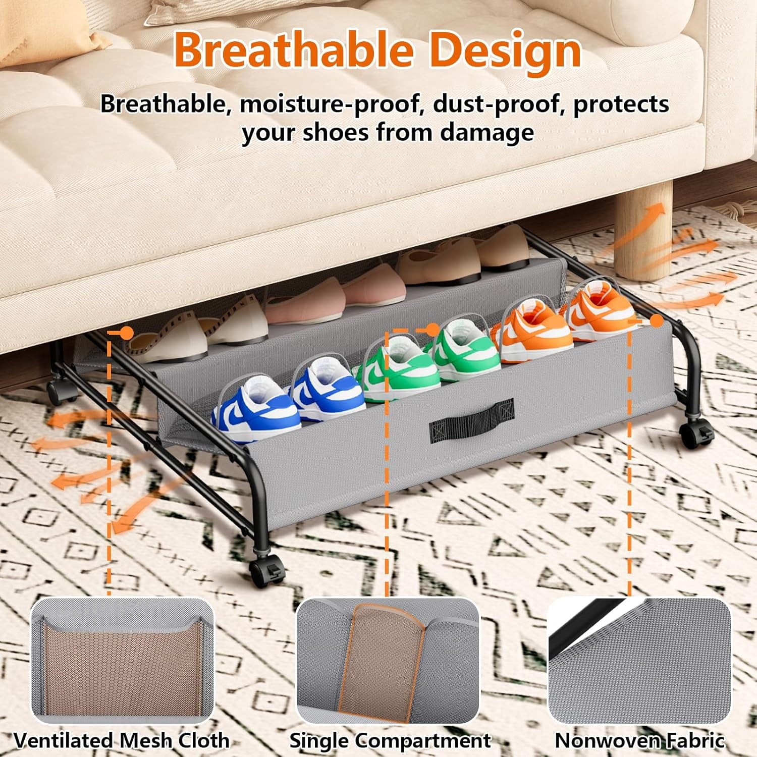 Rolling Under Bed Shoe Storage with Breathable Mesh Pockets, 2 Pack S158725