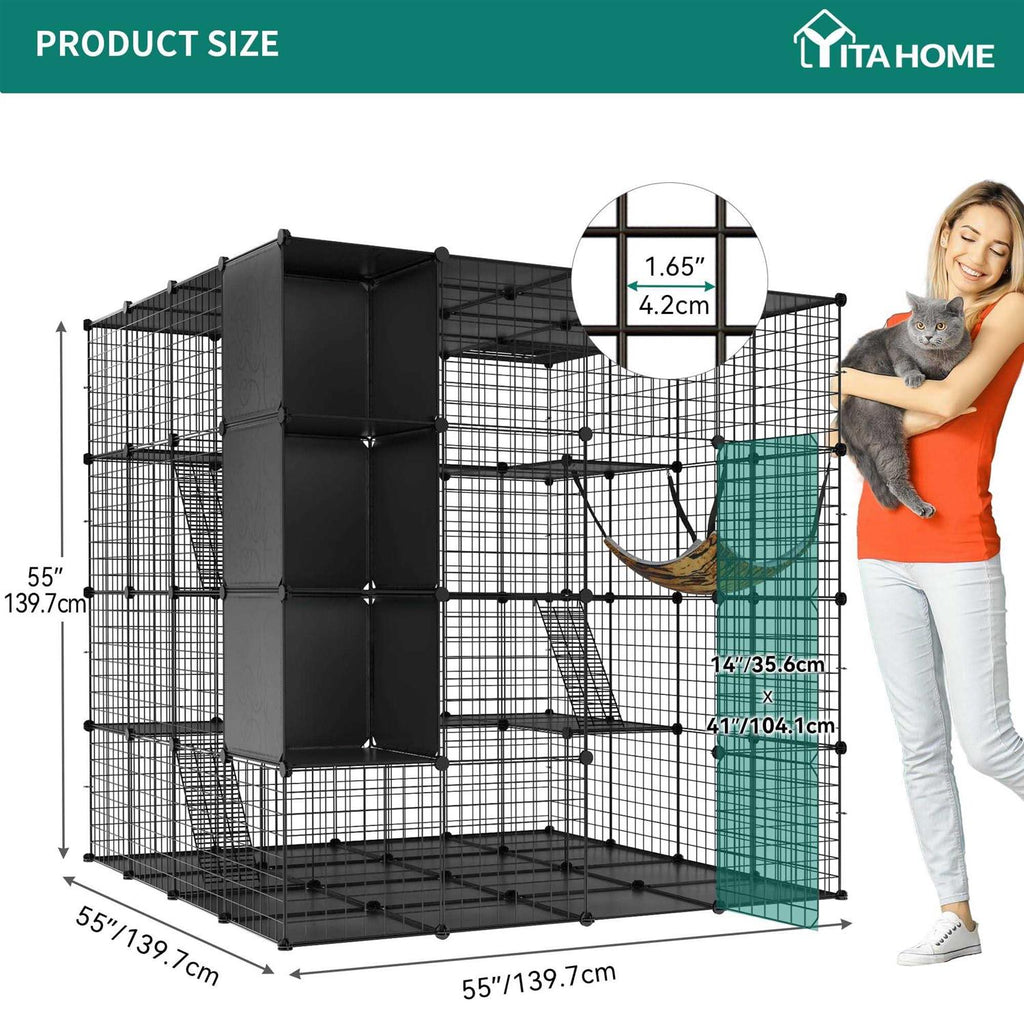 Cat Cage Indoor Large with Storage Cube DIY Catio Cat Enclosures Metal Cat Playpen with Hammock S7333