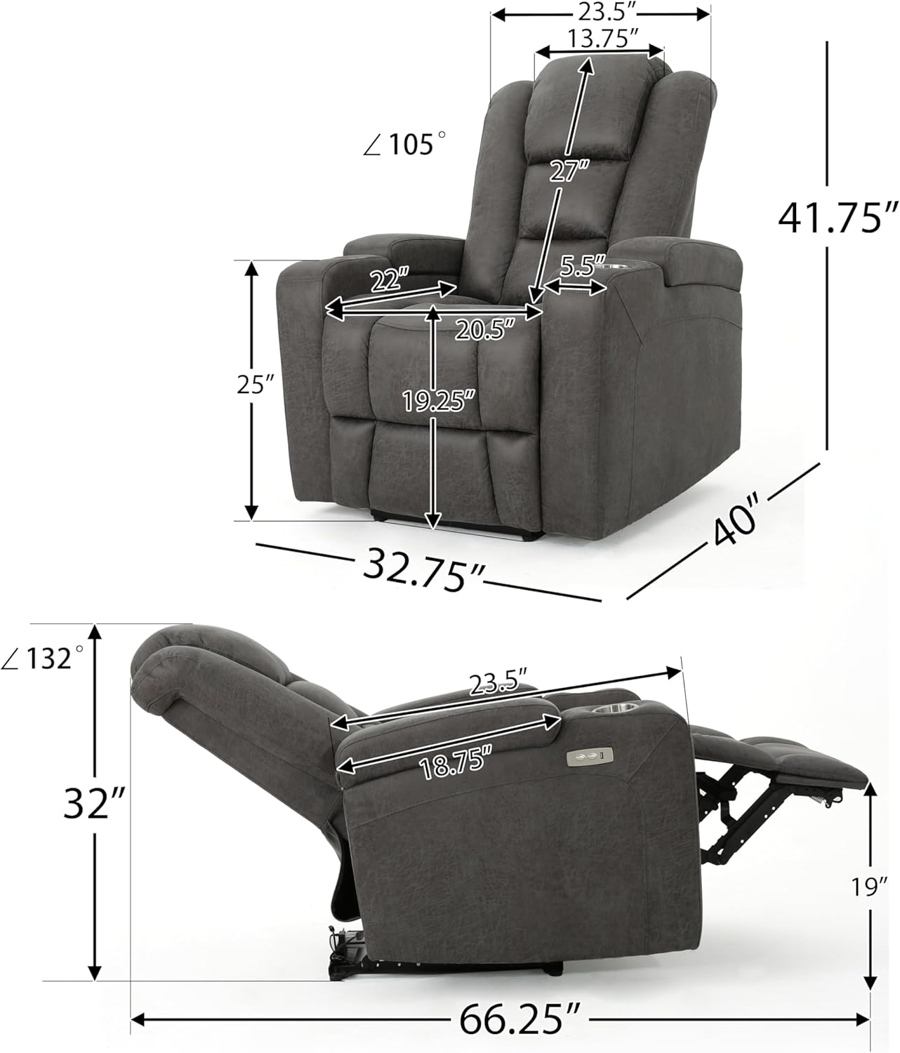 Power Recliner Chair with USB Port and Cup Holders N798234