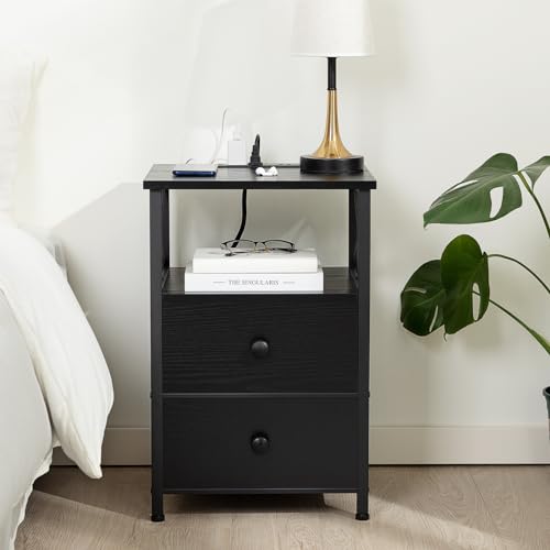 Nightstand Set of 2 with Charging Station, USB Ports and Outlets, Fabric Drawers, Dark Grey W975874