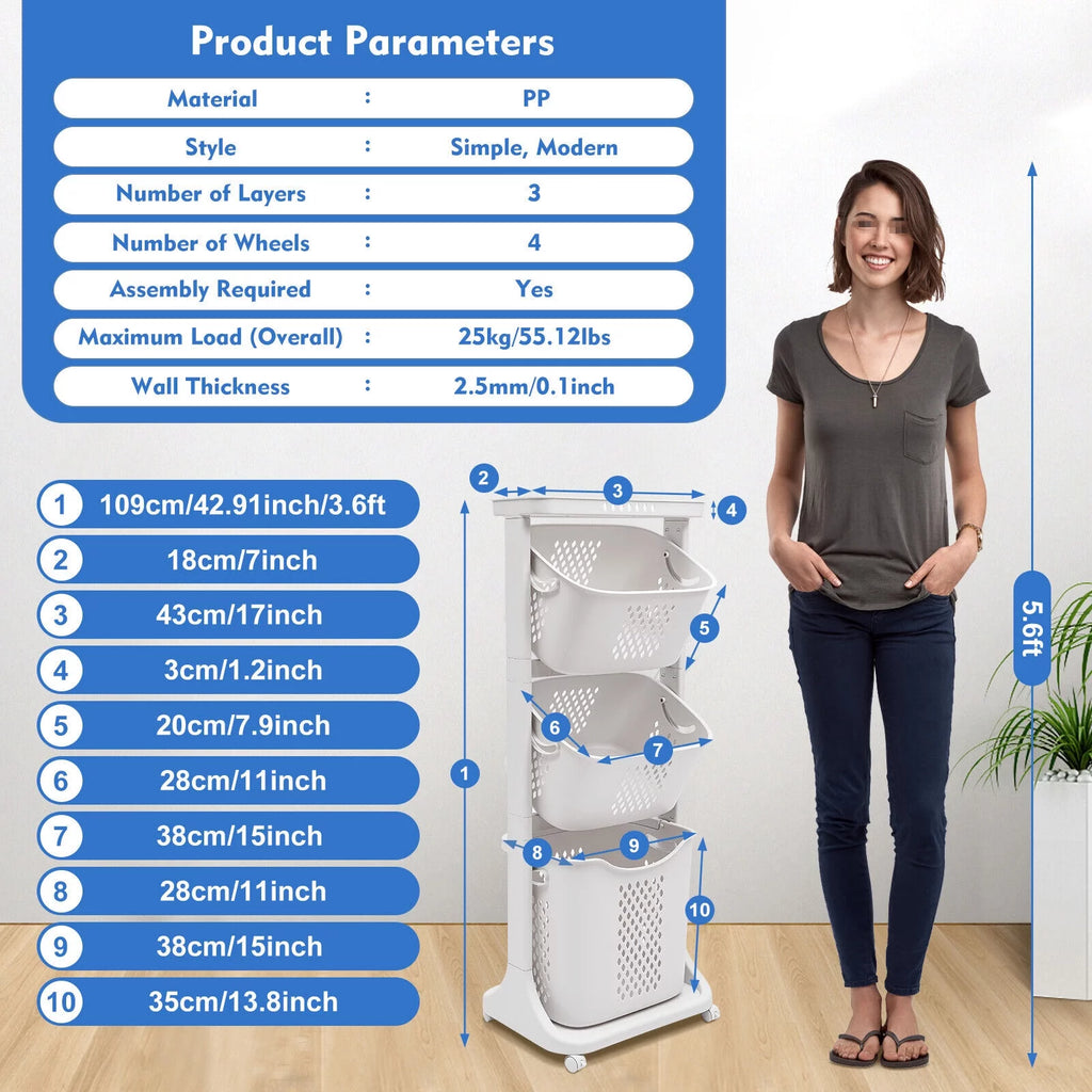 3-Tier Laundry Hamper Sorter with Rolling Cart Z172598