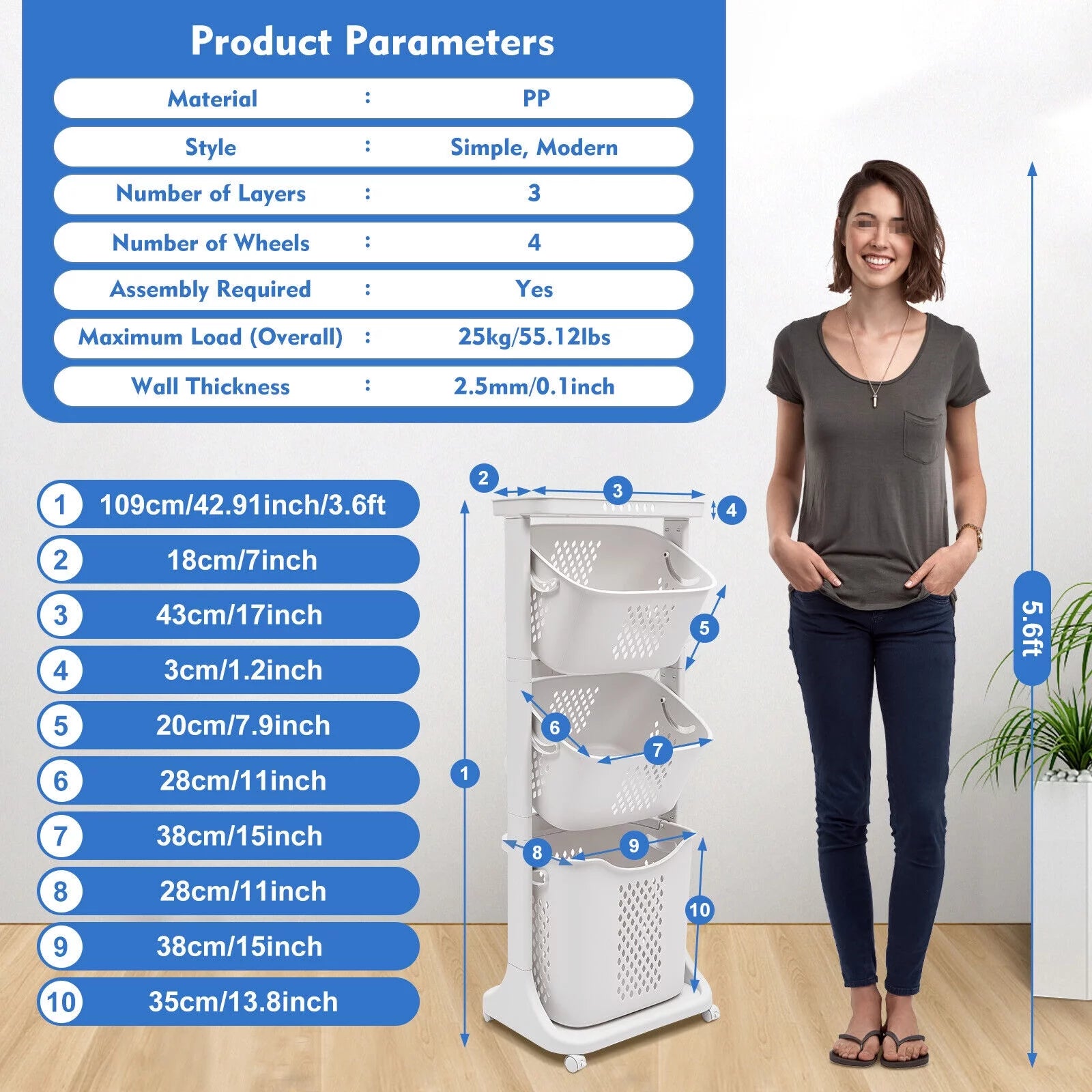 3-Tier Laundry Hamper Sorter with Rolling Cart Z172598