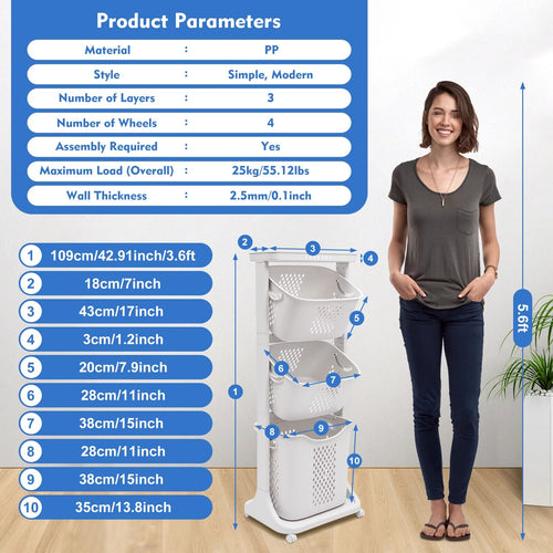 3-Tier Laundry Hamper Sorter with Rolling Cart Z172598