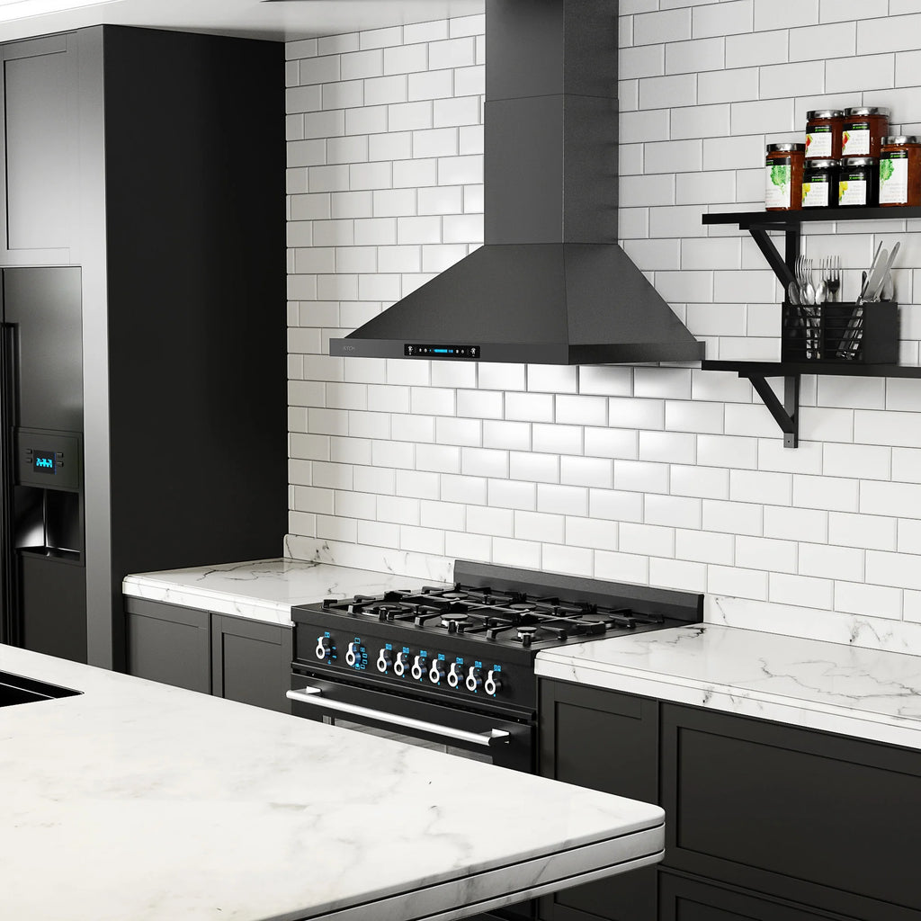 30 inch Black Wall Mount Range Hood, 900 CFM Ducted/Ductless Stainless Steel Vent Hood with Touch Control R7436