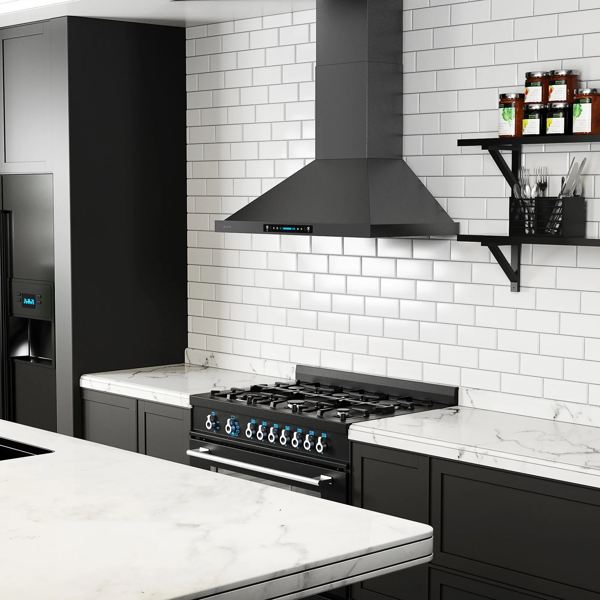 30 inch Black Wall Mount Range Hood, 900 CFM Ducted/Ductless Stainless Steel Vent Hood with Touch Control R7436