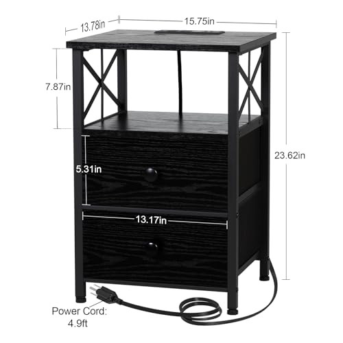 Nightstand Set of 2 with Charging Station, USB Ports and Outlets, Fabric Drawers, Dark Grey W975874