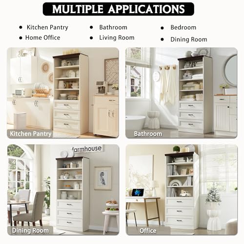 72" Tall Storage Cabinet with 3 Drawers & Adjustable Shelves, Antique White T23239