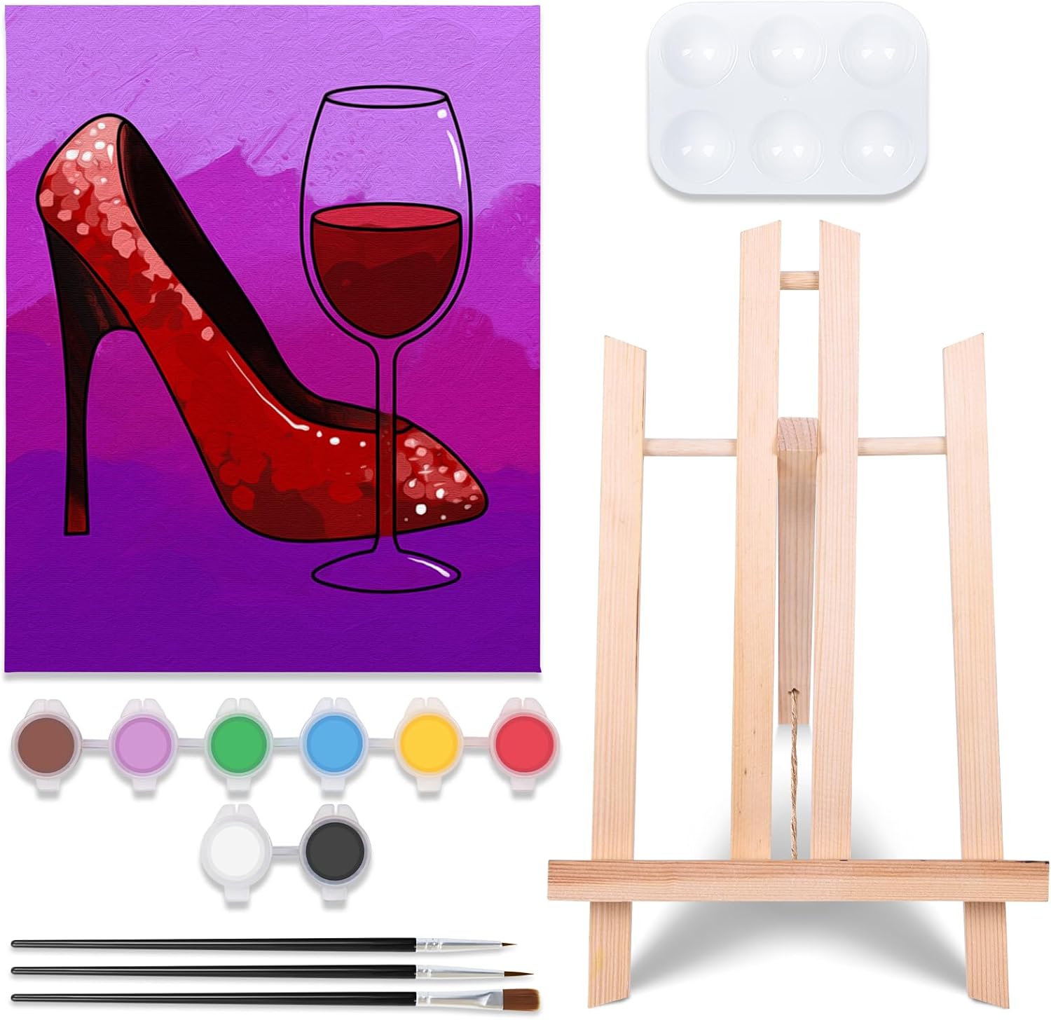 VOCHIC Paint and Sip kit Pre Drawn Canvas Painting Kit for Adults Painting Party Supplies Kit with Picture to Paint 1 Easel, 8 Acrylic Colors,3 Brush,1 Pallet High Heels Glass Art Set (8x10)