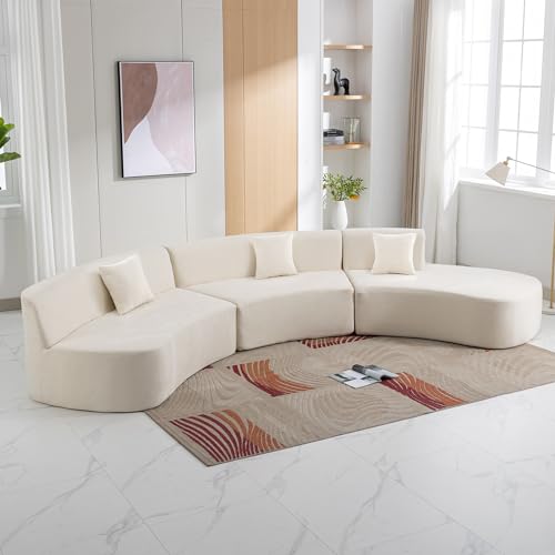 136.6" Stylish Curved Sofa Sectional Sofa Chenille Fabric Sofa Couch with Three Throw Pillows for Living Room, Beige Living Room Sectionals
