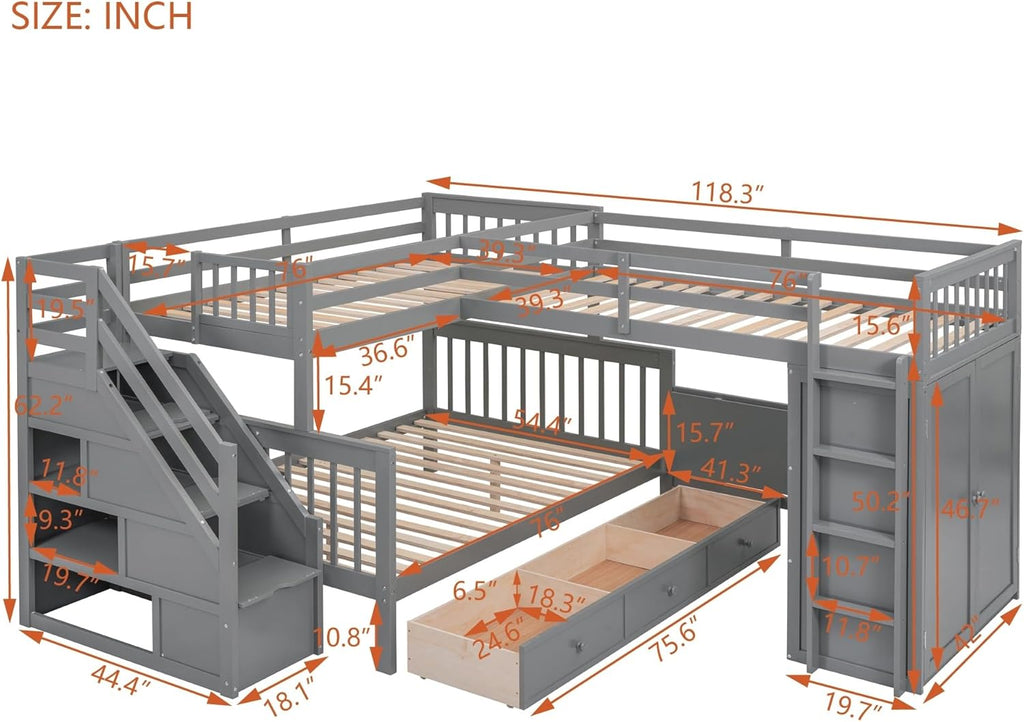L-Shaped Bunk Bed with 3 Drawers Wardrobe and Desk G677