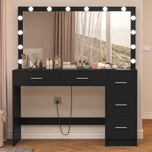 Vanity Desk with Lighted Mirror, 7 Drawers, 3 Lighting Colors, White X572