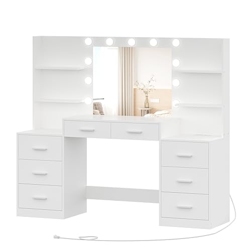 Large Vanity Desk with Mirror and Lights, White Makeup Vanity with Power Outlet, 8 Drawers U4403