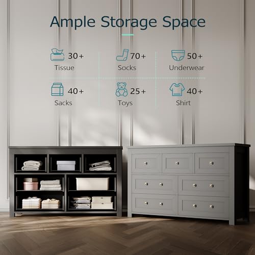 7 Drawer Dresser for Bedroom, Farmhouse Wood Chest with Metal Handle, Black E162