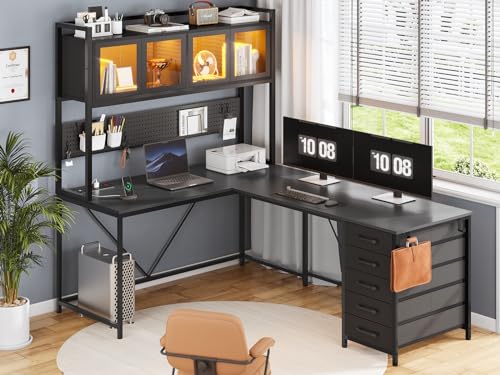 L Shaped Gaming Desk with Drawers and Storage Shelves J4846
