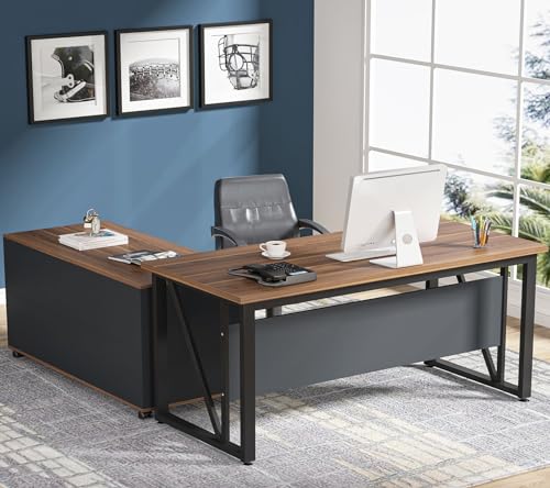 Tribesigns 63 inches Executive Desk and 47" lateral File Cabinet, L-Shaped Computer Desk Home Office Furniture Set with Drawers and Storage Shelves, Office Table with Cabinet (walnut+White, 63)