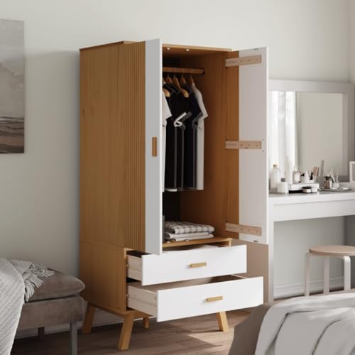 Solid Wood Wardrobe Armoire with 2 Drawers and Large Compartment Q35933