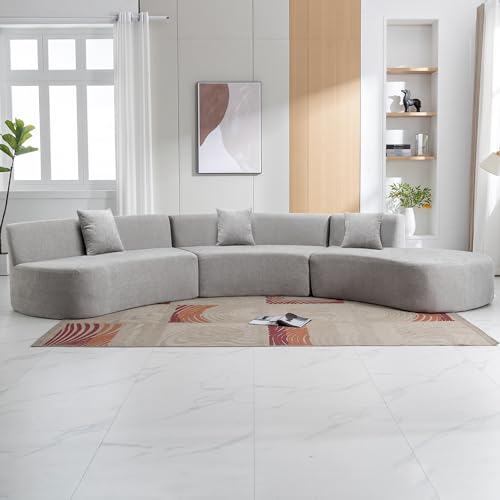 Curved Chenille Sectional Sofa with Three Throw Pillows, Grey I1781