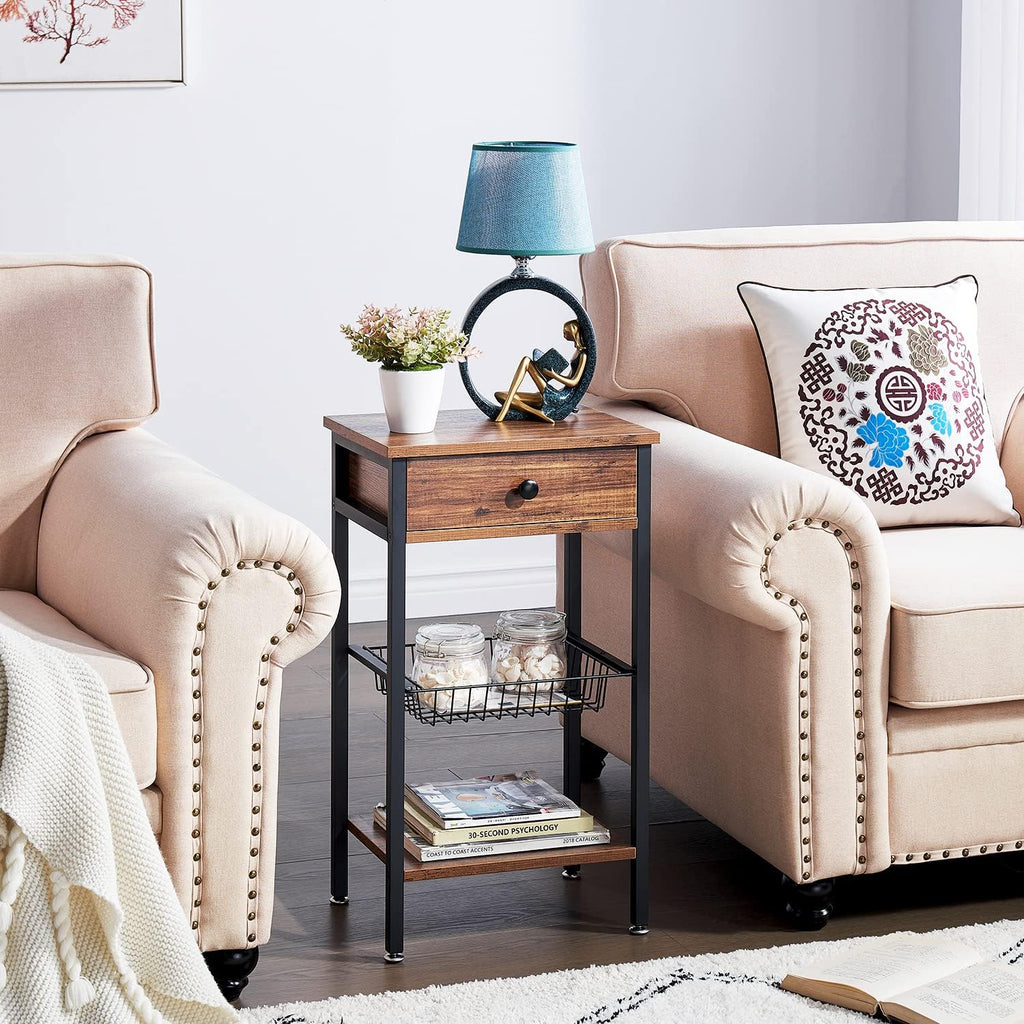 Tall End Side Table with Shelf and Storage Basket, Brown W27090