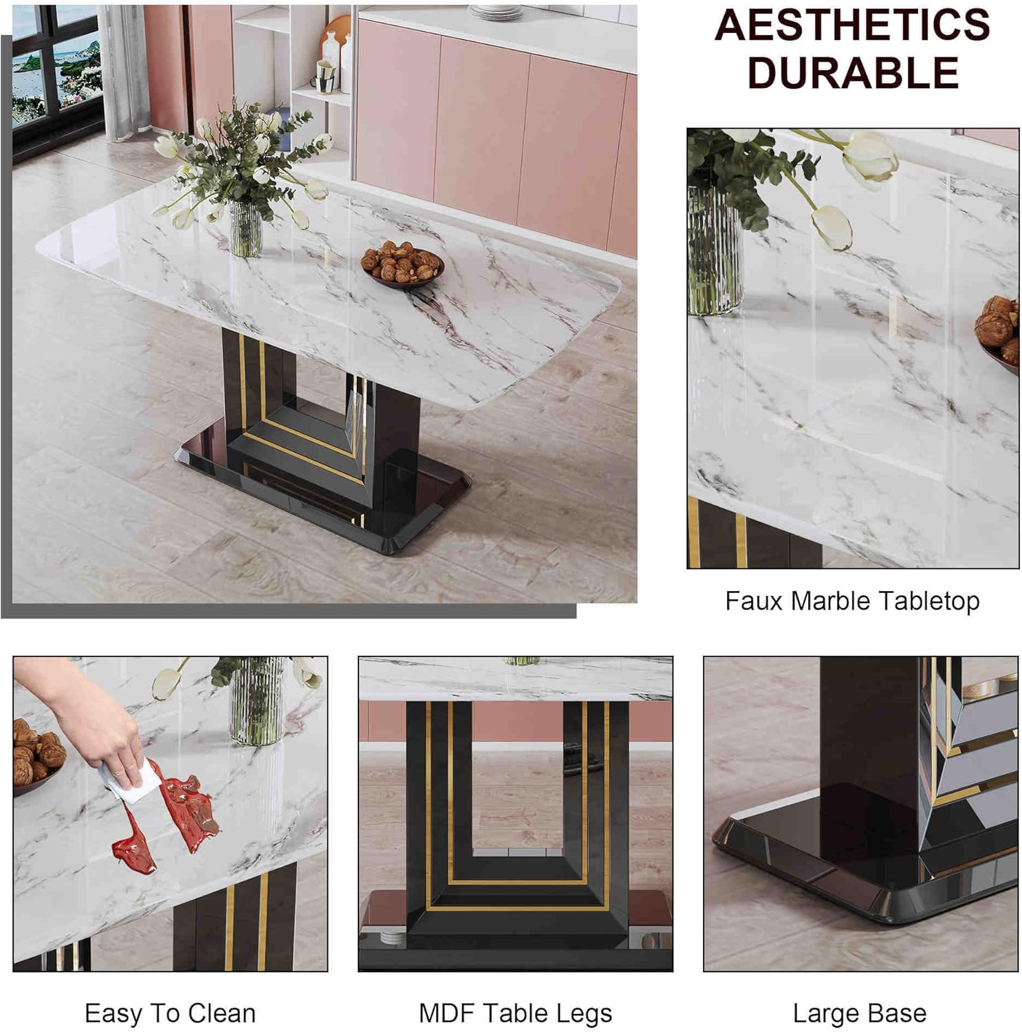 7-Piece Dining Table Set with 6 Soft Chairs, Faux Marble Top X4059