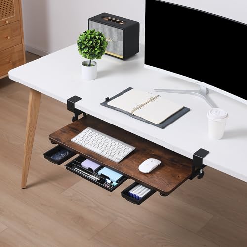 Under Desk Keyboard Tray with Drawer, Height Adjustable, Mahogany X7920