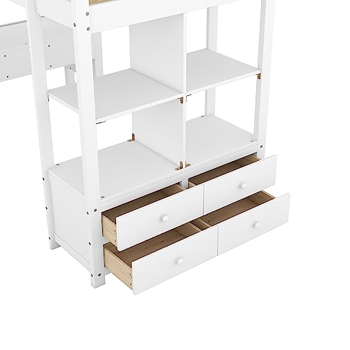 Full Size Loft Bed Frame with Desk and Storage, Solid Wood P683